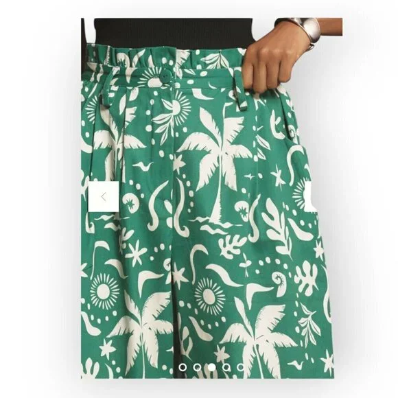 Anthropologie Corey Lynn Calter Green White Palm Print Paperbag Barrel Pants S/M - Picture 5 of 15